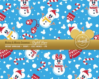 May include: A digital paper design featuring Mickey and Minnie Mouse snowmen, candy canes, and mittens on a light blue background. The snowmen wear hats and scarves. The design includes the text "Mickey & Minnie Snowmen Digital Paper".