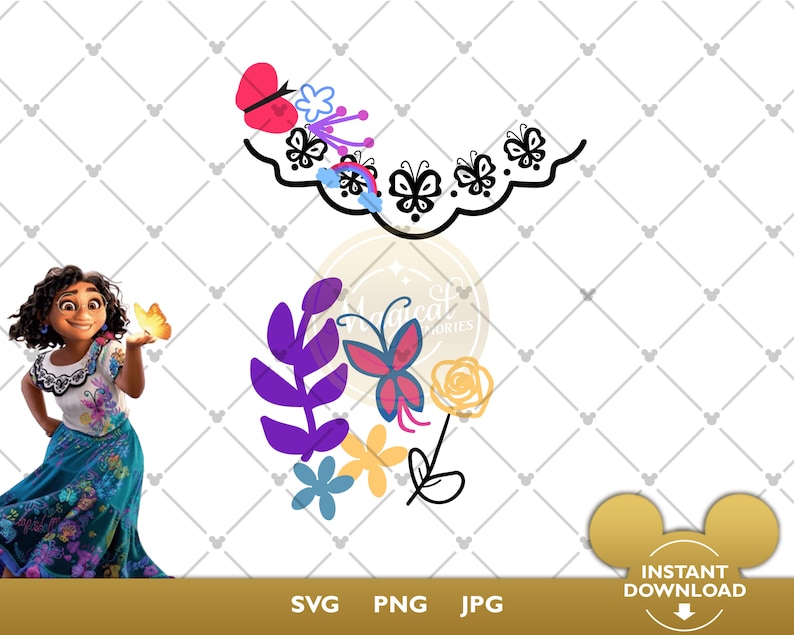 May include: A digital illustration of a girl with brown hair and a blue dress, holding a yellow butterfly. The illustration is surrounded by a floral design with butterflies, leaves, and flowers in shades of purple, pink, yellow, and blue.