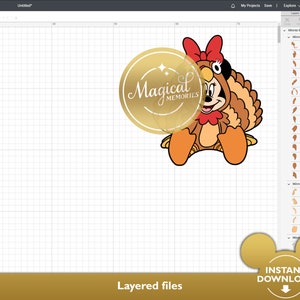 May include: A digital design featuring Minnie Mouse dressed as a turkey. The design includes a red bow, a turkey costume in shades of brown and orange, and the text "Magical Memories" in a gold circle. The words "Instant Download" are also visible.