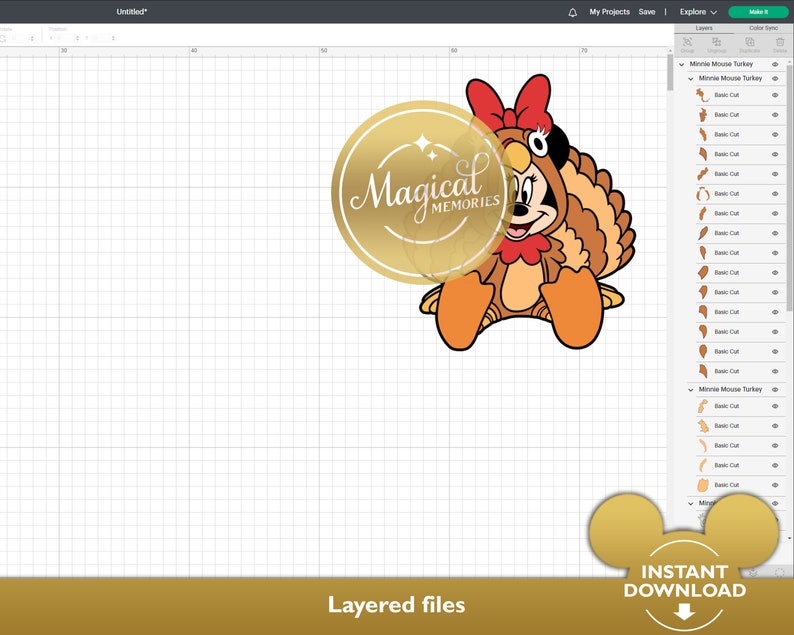 May include: A digital design featuring Minnie Mouse dressed as a turkey. The design includes a red bow, a turkey costume in shades of brown and orange, and the text "Magical Memories" in a gold circle. The words "Instant Download" are also visible.