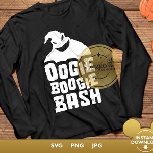以下が含まれることがあります： 白のキャラクターグラフィックと「Oogie Boogie Bash」の文字が入った黒の長袖Tシャツ。 丸首で柔らかい素材です。 ハロウィンに最適です。