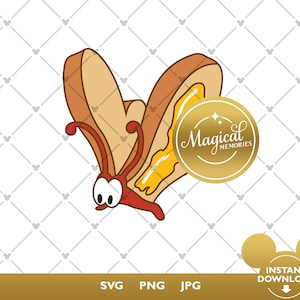 Può includere: Una farfalla di cartone animato con un corpo rosso e ali marroni. Le ali sono a forma di fette di pane con burro giallo all'interno. La farfalla ha grandi occhi rotondi. Il testo "Magical Memories" è su un cerchio dorato.