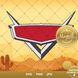 May include: A red, white, and black graphic of the Cars movie logo, set against a desert landscape. The logo is a stylized shield shape with pointed edges. A gold circle with the text "Magical Memories" is on the right. The image includes "SVG", "PNG", and "JPG" text.