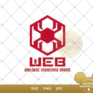 May include: A red geometric logo featuring a stylized spider within a hexagon shape. Below the logo, the word "WEB" is displayed, followed by "WORLDWIDE ENGINEERING BRIGADE". The image includes file type options: SVG, PNG, and JPG.