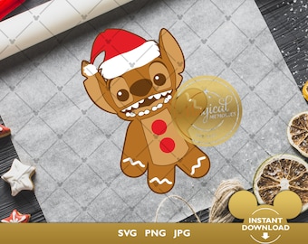 Könnte beinhalten: Ein brauner Lebkuchen-Stitch-Charakter mit Weihnachtsmütze, roten Knöpfen und weißen Zuckergussdetails. Das Bild enthält den Text "SVG PNG JPG" und "INSTANT DOWNLOAD". Die Figur befindet sich auf einer gemusterten Oberfläche.