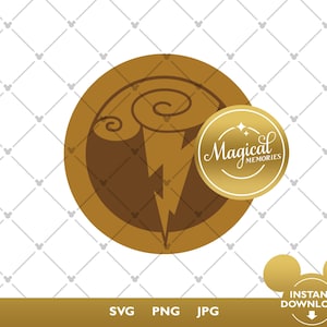 May include: A brown circular graphic with a lightning bolt and swirling cloud design. A smaller gold circle with the text "Magical Memories" is overlaid on the design. The bottom of the image includes the text "SVG PNG JPG" and "INSTANT DOWNLOAD".