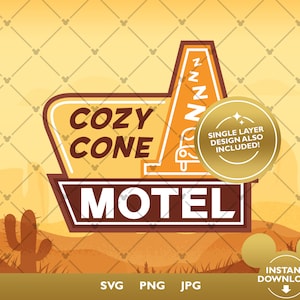 Pode incluir: Uma placa de motel retrô com fundo amarelo e letras marrons. A placa diz "Cozy Cone Motel" com um "Z" estilizado acima da palavra "Motel". A placa está localizada em uma paisagem desértica com cactos e também inclui um design de camada única.
