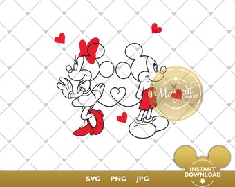 Könnte beinhalten: Schwarz-weiß-Linienzeichnung von Mickey Mouse und Minnie Mouse mit roten Herzen. Mickey trägt eine rote Hose und Minnie ein Kleid. Die Illustration ist auf weißem Hintergrund.