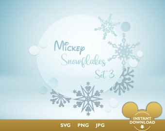 May include: A digital download of Mickey Mouse themed snowflake designs. The image shows a blue background with a white circle containing the text "Mickey Snowflakes Set 3". There are five snowflake designs in the image, all with a blue and silver glitter effect.