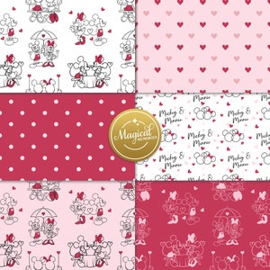 May include: A set of 10 digital paper patterns featuring Mickey Mouse and Minnie Mouse in various poses. The patterns include hearts, polka dots, and Mickey and Minnie's heads. The patterns are in pink, red, and white.
