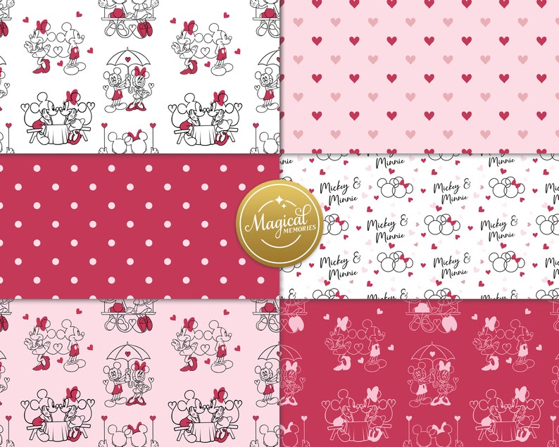 May include: A set of 10 digital paper patterns featuring Mickey Mouse and Minnie Mouse in various poses. The patterns include hearts, polka dots, and Mickey and Minnie's heads. The patterns are in pink, red, and white.