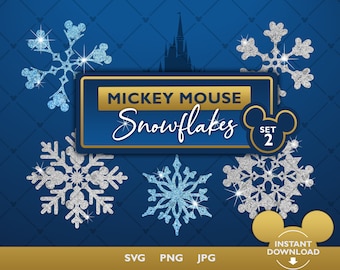 May include: A digital design featuring a set of Mickey Mouse snowflakes in silver and blue glitter. The design includes the text "Mickey Mouse Snowflakes" and "Set 2" on a blue background with a castle silhouette.