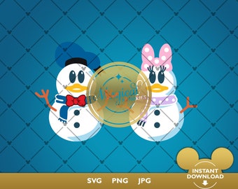 May include: A digital illustration of two snowmen, one resembling Donald Duck and the other Daisy Duck. Donald wears a blue hat, scarf, and red bow tie. Daisy has a pink bow, scarf, and eyelashes. The background is blue with Mickey Mouse head shapes.