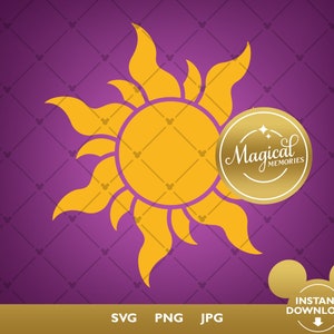 May include: A gold sun with rays, a gold circle with the text "Magical Memories" and a Mickey Mouse head with the text "Instant Download" on a purple background.