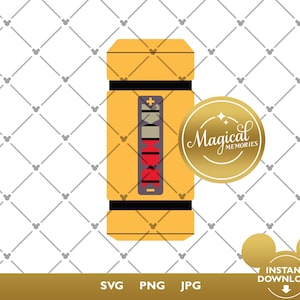 Puede incluir: Un recipiente cilíndrico amarillo con bandas negras y un panel de visualización vertical central que presenta un signo más, un signo menos y una serie de barras horizontales en gris y rojo. Un emblema circular dorado con el texto Magical Memories.