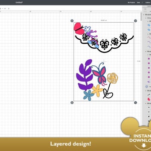 May include: A layered design featuring a purple flower with a butterfly, yellow flowers, and a black and white lace border. The design is on a white background.