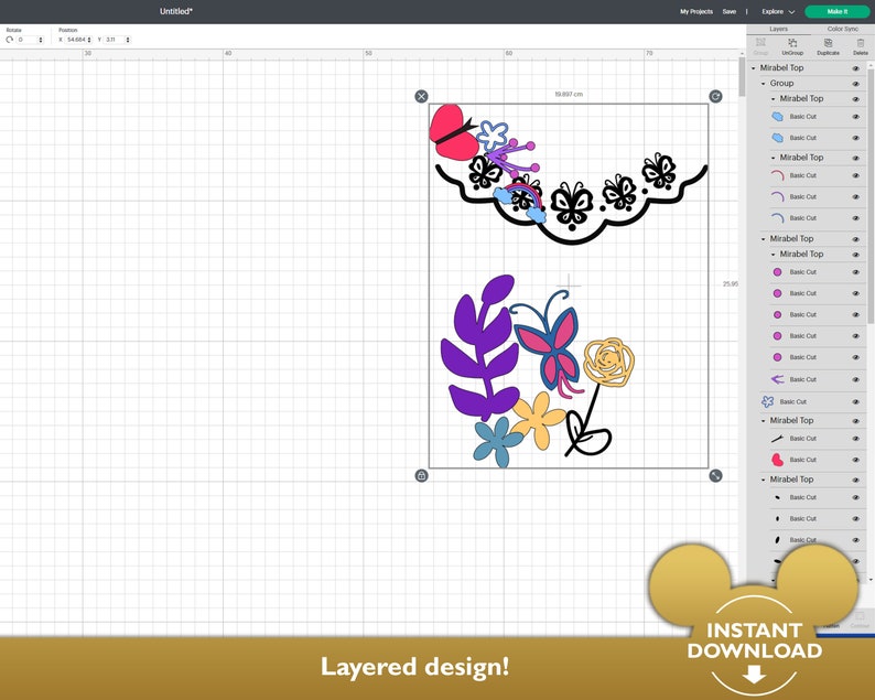 May include: A layered design featuring a purple flower with a butterfly, yellow flowers, and a black and white lace border. The design is on a white background.