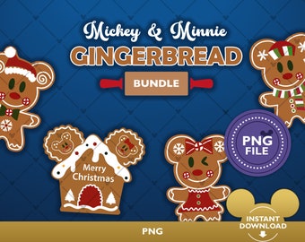 May include: A digital bundle featuring Mickey and Minnie Mouse gingerbread designs. The image includes gingerbread characters, a house, and a rolling pin. Text includes "Mickey & Minnie GINGERBREAD BUNDLE", "Merry Christmas", and "PNG FILE".