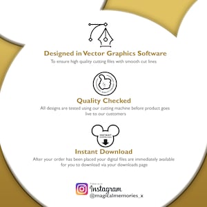 May include: White graphic with text: "Designed in Vector Graphics Software", "Quality Checked", and "Instant Download". The image also includes the Instagram handle @magicalmemories_x on a gold and white background.