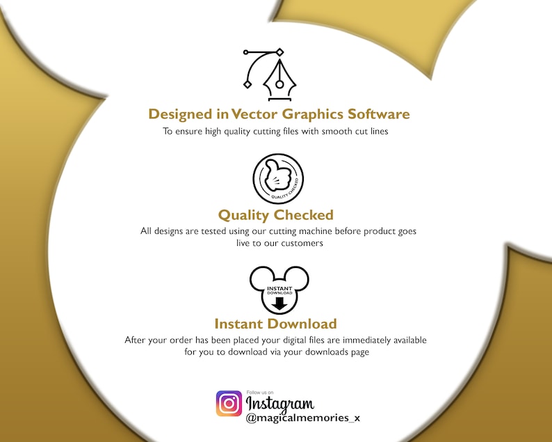 May include: White graphic with text: "Designed in Vector Graphics Software", "Quality Checked", and "Instant Download". The image also includes the Instagram handle @magicalmemories_x on a gold and white background.