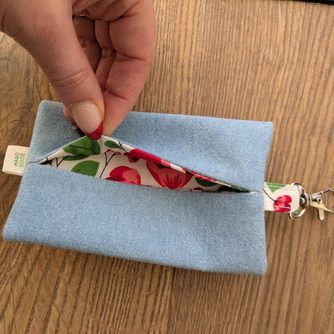Handmade Denim Tissue Pouch Keychain: Floral Lined Pocket. Bag ...
