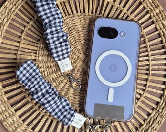 Gingham Scrunchie Wristlet with Phone Tether | Anti Drop Phone Strap | Anti Theft Wrist Lanyard | Cute Hands Free Phone Holder