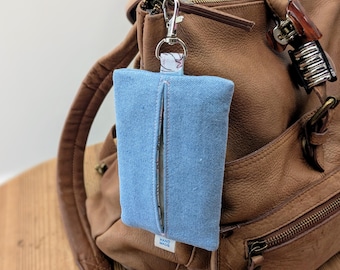 Green / Pink Floral Lined Denim Tissue Pouch with Clip: Reclaimed Denim