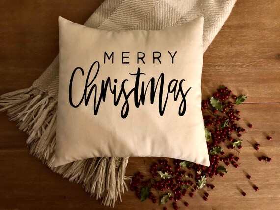 Merry Christmas Throw Pillow Cover Black And White Holiday Etsy