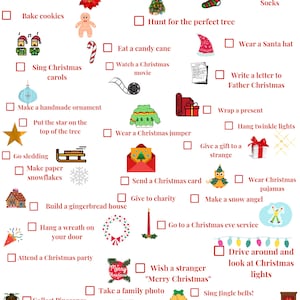 May include: A printable Christmas bucket list with a red border and illustrations. The list includes activities like baking cookies, decorating a tree, and giving to charity.