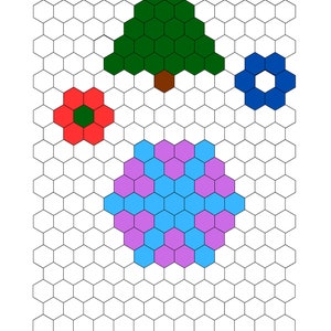 Puede incluir: Una cuadrícula hexagonal con un árbol de Navidad verde, una flor roja, una flor azul y una flor morada y azul.