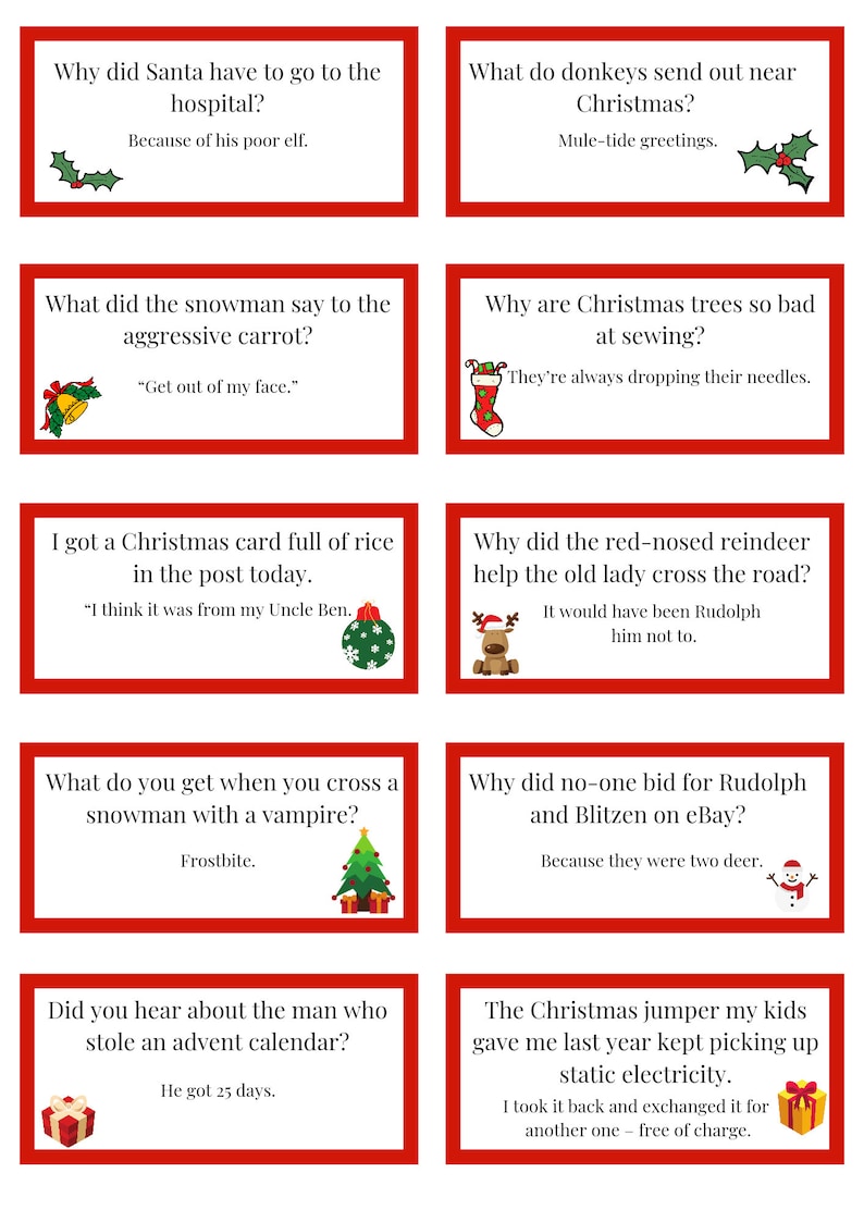 May include: A set of ten red Christmas-themed cards with a white border. Each card features a Christmas-themed joke with a punny answer. The cards are decorated with Christmas-themed illustrations.
