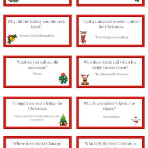 May include: A set of ten red Christmas-themed cards with a white border. Each card features a Christmas-themed joke and answer. The cards are decorated with Christmas-themed illustrations.
