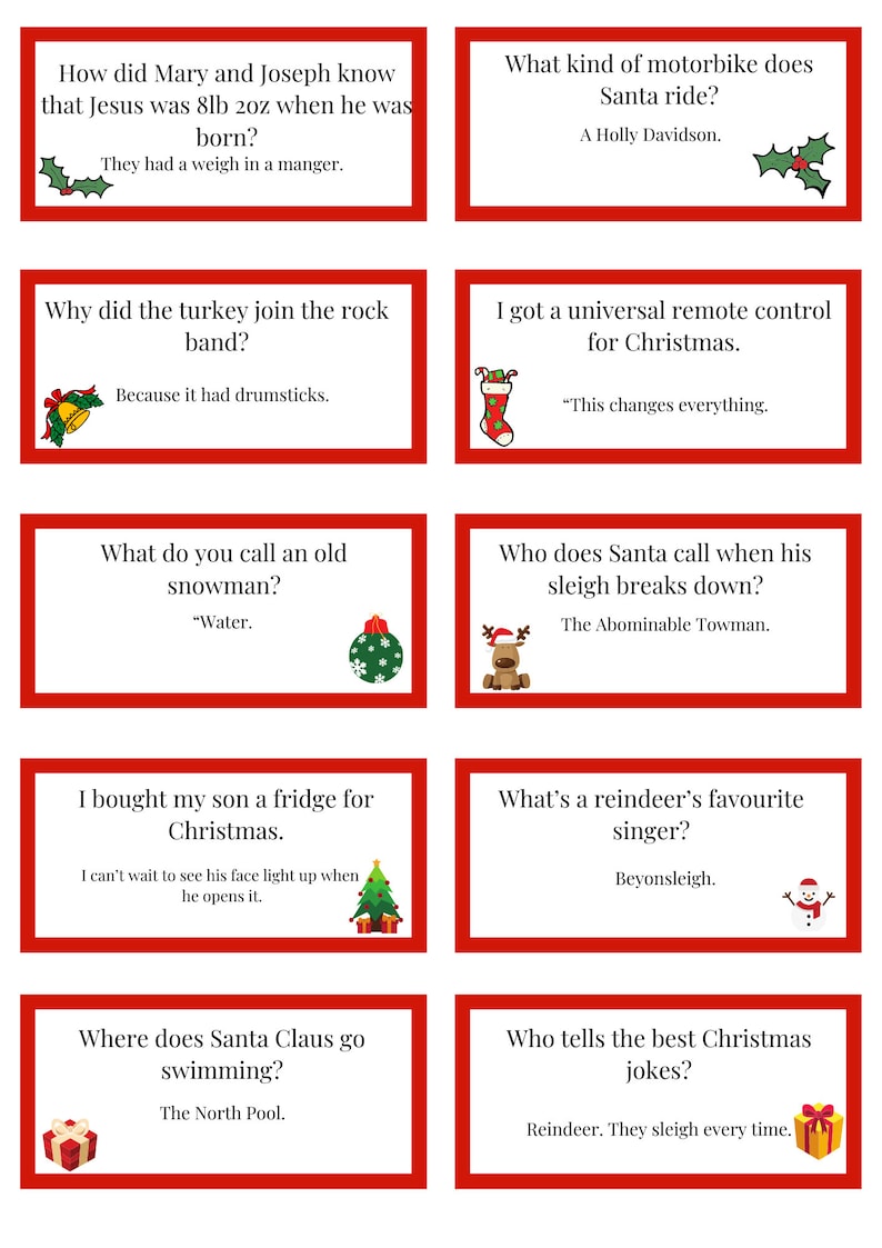 May include: A set of ten red Christmas-themed cards with a white border. Each card features a Christmas-themed joke and answer. The cards are decorated with Christmas-themed illustrations.