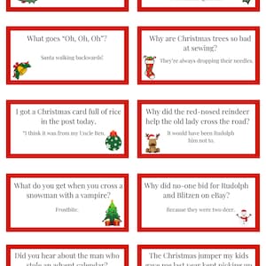 May include: A set of ten red and white Christmas joke cards with a festive theme. Each card features a Christmas-themed question and answer. The cards are decorated with holly, bells, and other Christmas imagery.