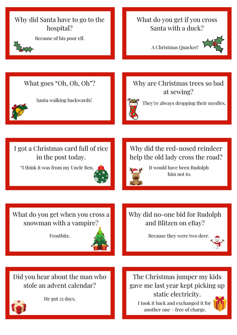 May include: A set of ten red and white Christmas joke cards with a festive theme. Each card features a Christmas-themed question and answer. The cards are decorated with holly, bells, and other Christmas imagery.
