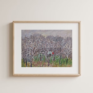 VINTAGE ORIGINAL PAINTING, socialist realism, genre, landscape, Spring has come, Work in the garden, 1964, artist Y. Lyubavin