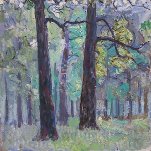 VINTAGE ORIGINAL PAINTING, socialist realism, landscape, In the forest, cardboard, oil,  1970s by Ukrainian artist N. Maksimenko