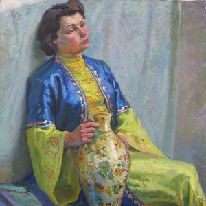 VINTAGE ORIGINAL PAINTING, socialist realism, portrait, Woman with a jug, oil on canvas, 1970s, Ukrainian artist Kechko