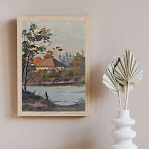 VINTAGE ORIGINAL PAINTING, socialist realism, genre, landscape, city landscape, Evening in the city, artist L. Pidgayko