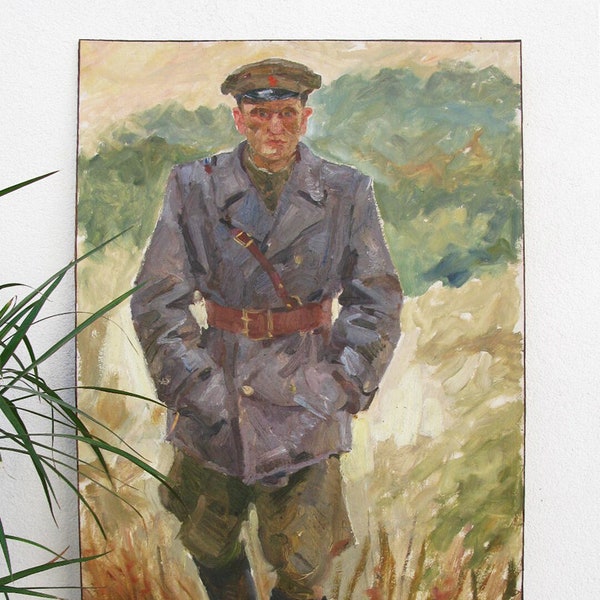 VINTAGE ORIGINAL PAINTING, oil painting, vintage painting, socialist realism, portrait, male portrait, Commander, 1975, artist I. Klets