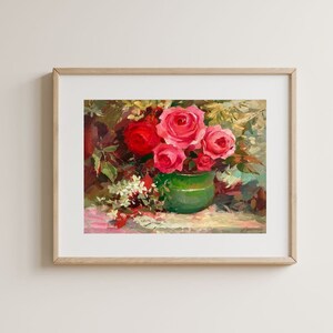 PINTURA ORIGINAL VINTAGE, pintura al óleo, realismo socialista, vida rural, naturaleza muerta, Ramo de flores, Rosas, artista Yu. suprunchuk