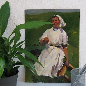 VINTAGE ORIGINAL PAINTING, oil painting, vintage realism, portrait, female portrait, rural landscape, Milkmaid, 1967, artist V. Sanzharov