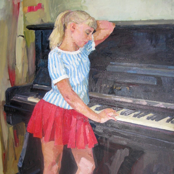 VINTAGE ORIGINAL PAINTING, socialist realism, genre painting, Girl at the piano, oil on canvas,  1970, by Ukrainian artist N. Pokataeva