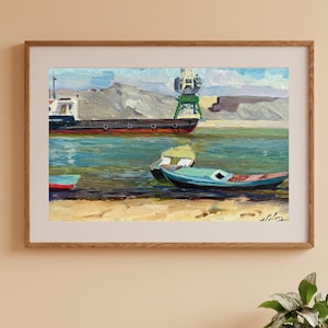 PINTURA ORIGINAL, pintura al óleo, impresionismo, paisaje, paisaje marino, paisaje industrial, En el puerto, artista V. Sevec