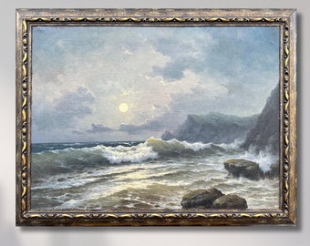 夜の海を描いた明るい厚塗りの絵画「漁港。ジダーノフ」、ソビエト