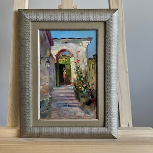 PINTURA ORIGINAL, realismo vintage, pintura al óleo, impresionismo, paisaje, paisaje urbano, Patio de flores, artista Y. Suprunchuk