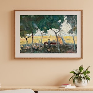 May include: A framed landscape painting depicts a rural scene with a person near a red cart, trees, and a field. The artwork features a warm color palette with greens, yellows, and browns, and is displayed on a light-colored wall.