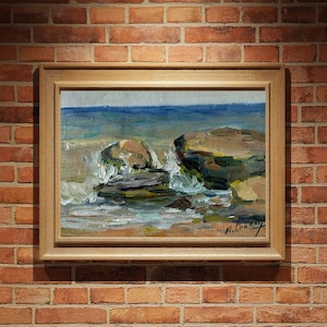 VINTAGE ORIGINEEL SCHILDERIJ, olieverfschilderij, Oekraïense schilderkunst, impressionisme, landschap, zeegezicht, rotsachtige kust, kunstenaar V. Sevets
