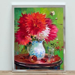 PINTURA ORIGINAL, pintura al óleo, vida rural, naturaleza muerta, Ramo de flores rojas, artista Yu. suprunchuk