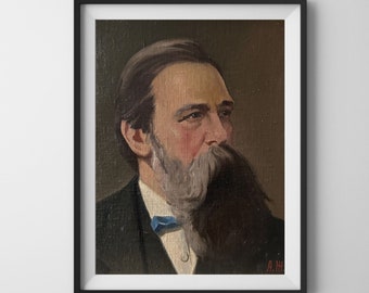 VINTAGE ORIGINAL PAINTING, oil painting, socialist realism, genre, portrait, male portrait, Portrait of Engels, artist A. Zhegunov